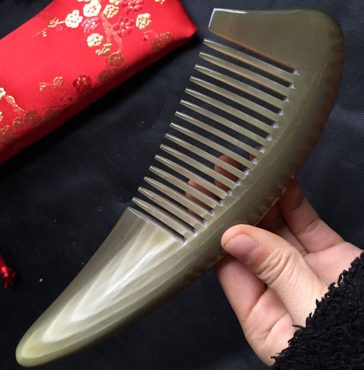 加厚 正宗免压天然白水牛角梳子 大号实心角宽齿卷发梳防静电按摩