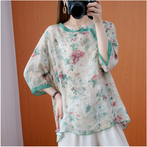 Summer Chinese Retro Buckle Literary Plus Size Half sleeve Cotton Shirt Loose Joker Flower Hemp Top Women