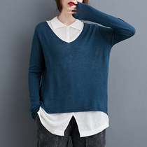 Autumn Ocean Air Knit Fake two Bottoms Shirts Women Casual Long Sleeves Shirt Loose Pure Color 100 Hitch Blouse Knitwear