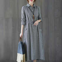 Plaid cotton linen dress Skirt Woman Long Sleeve Autumn Dress Literature Linen Cashew Slim Temperament Big size for long style underdress