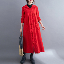 Retro national wind cotton linen clothing jacket female spring autumn art long style linen disc buckle with cap witch cloister cardio-hoodie