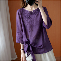 Literary retro embroidered Ramie top female summer loose size linen T-shirt solid color mid-sleeve thin cotton linen shirt