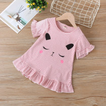 Cute girl striped T - shirt 2020 summer new girl baby wood ear to put a T - shirt childrens short sleeve tops