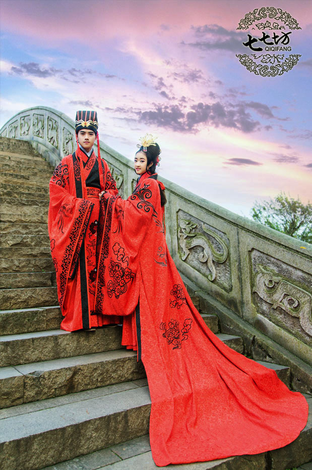 七坊◆华服刺绣花大拖尾周制汉服中式婚服男女套 天成佳偶 款三