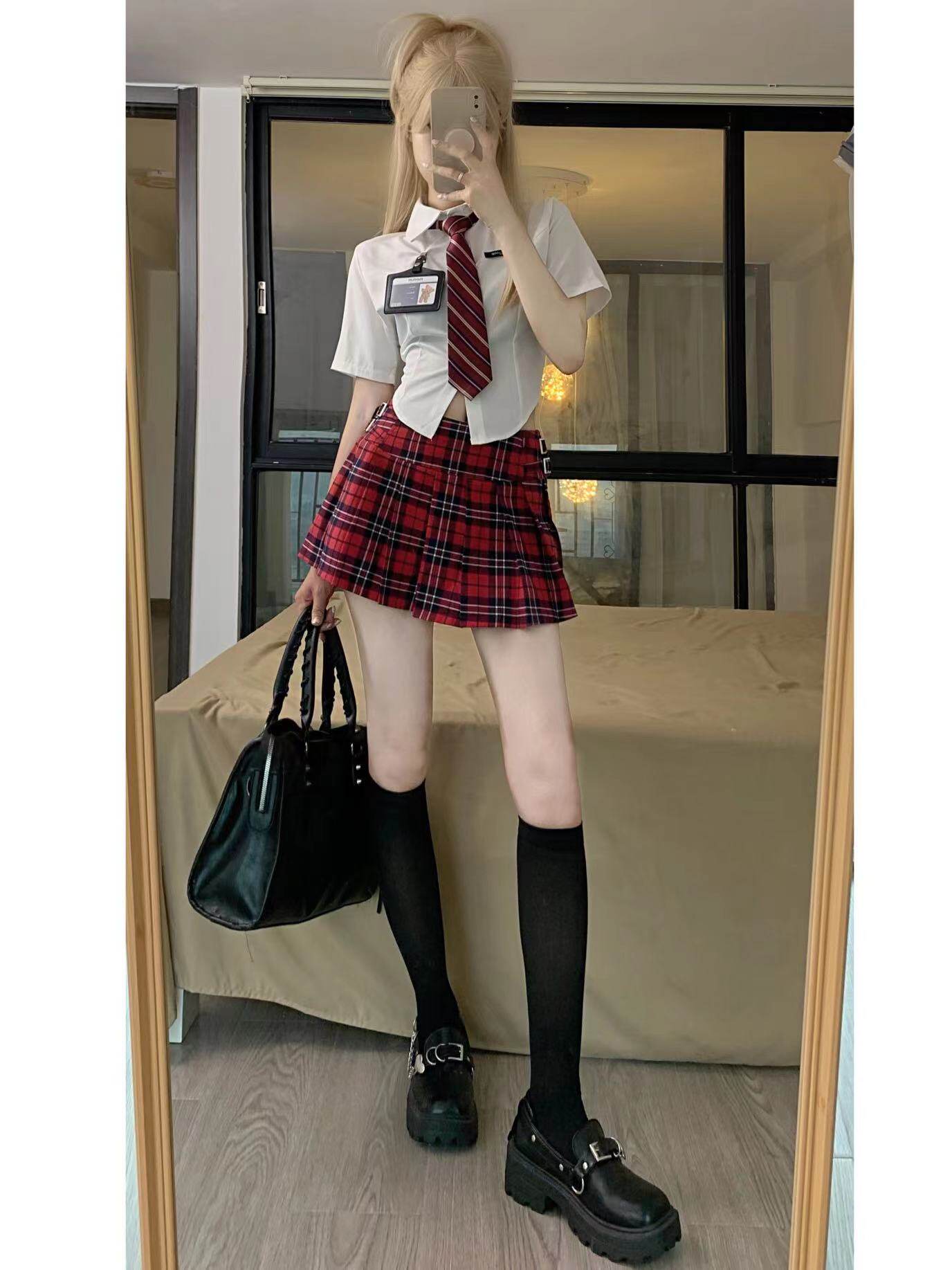 美式jk制服套装夏季新款学院风辣妹针织背心格纹裙收腰衬衫两件套