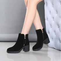 Gold Thyme Genuine Leather Frosted Coarse Heel Short Boots Woman Autumn Winter Plus Suede With Martin Boots Non-slip Thick Underlady Cotton Boots
