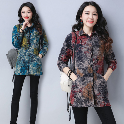 2017 autumn and winter plus size women's national wind art printing long-sleeved jacket quilted warm thickening cotton and linen jacket female