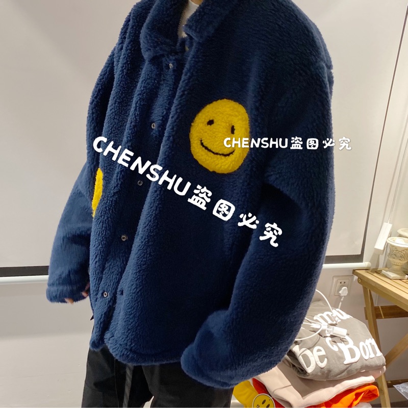 cpfm笑脸羊羔绒外套秋冬笑脸翻领os外套男女宽松加厚衬衫夹克高街