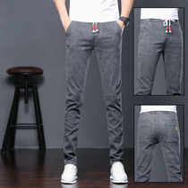 Spring summer lengthened Grey Mens Jeans Casual Tide Cards New Flex Waist Lacing Up Straight Drum Long Pants