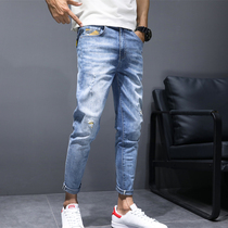 Jeans Mens 90% Pants Summer New Light Color Thin and Broken Cave Body Elastic Casual Little-footed Pants