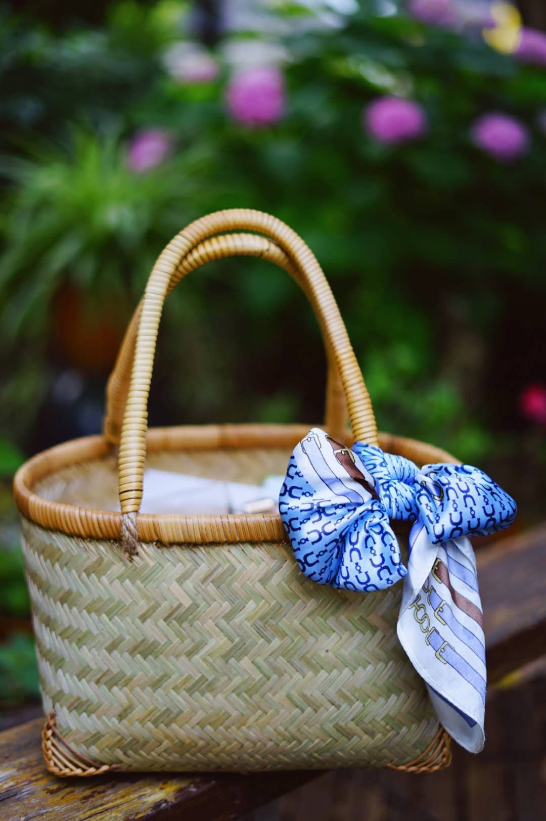 竹编买菜篮环保购物篮提手菜篮竹制品编织采摘篮带提手外出竹提篮