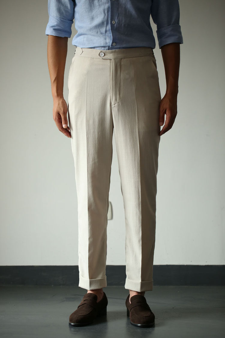 夏款 弹力米色亚麻中高腰休闲西装裤 浅色九分裤 男可定制