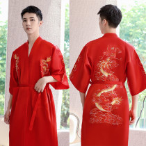 ethnic style men's nightgown red silk pajamas summer chinese style wedding gift embroidered dragon pattern silk satin bath bubble