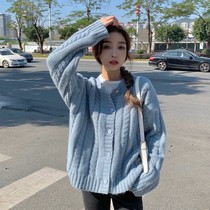 Blue coat women spring and autumn retro gentle wind sweater cardigan sweater loose outer wear 2021 new ins tide
