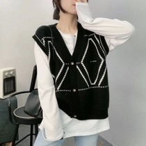 Black and white diamond single-breasted cardigan vest sleeveless vest early autumn new women's sweater sweater European station spring
