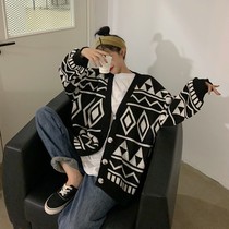 Japanese-style geometric diamond knitted cardigan women's spring and autumn thickened lazy loose wear long sweater coat