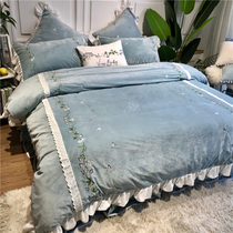 Princess style lace bed podium autumn and winter treasure velvet four-piece pastoral style embroidery thick warm velvet bedding bedding
