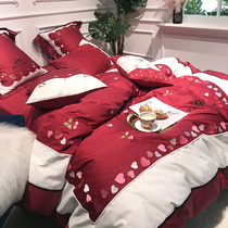 Small frescoed cherry 60 Egyptian long suede cotton four pieces full cotton caring embroidered Wedding Bed Bedding