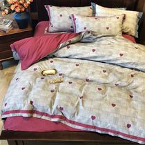 Minimalist retro 60 full cotton light grinding wool four pieces of red loving printed plaid warm pure cotton bed with supplies