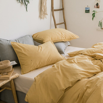 Japanese simple style water wash cotton four-piece cotton plain cotton plain bed sheet bed hat quilt cover simple solid color