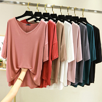 Modal summer V neck loose short sleeve T-shirt female Korean version large size simple casual top thin base shirt