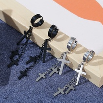 Handsome men and women earrings couple Net red trend titanium steel ear jewelry 2021 New Three cross steel earrings earrings