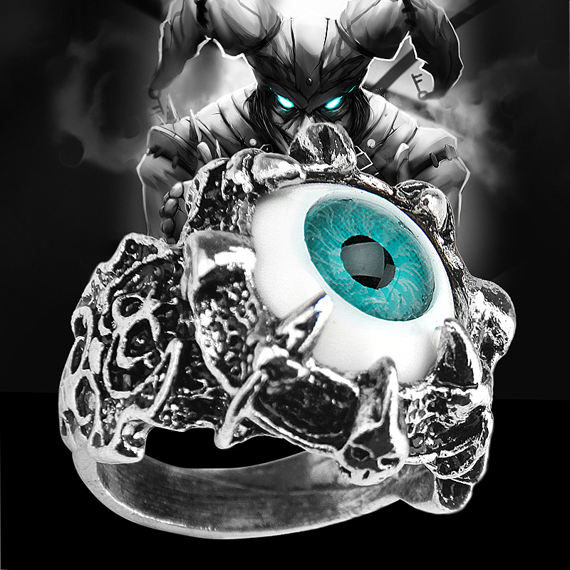 蓝恶魔眼戒指男韩版钛钢指环戒子饰品个性男 嘻哈戒指