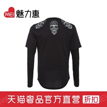 blackgateone black cotton skull round neck stitching long-sleeved mens T-shirt fashion brand handsome