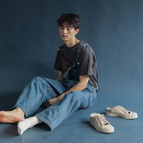Hong Kong taste retro tooling style nostalgic Harun pocket denim bib hipster street men and women loose BF trousers