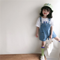 Male Girl Denim Back Belt Pants 2022 Summer New Children Soft Big Pockets Loose 100 Lap Harness Short Pants