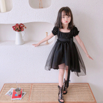 Girl Bubbles Sleeveless Dress 2021 Summer New Children Black Square Collar Temperament Fairy Retro Dovetail Skirt