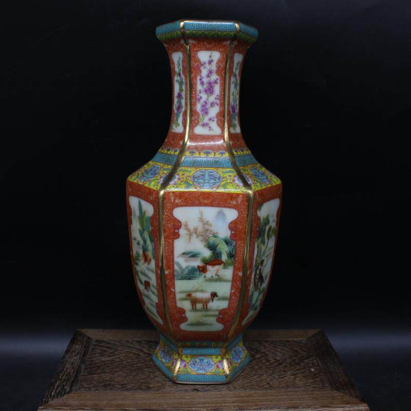 清乾隆年制粉彩描金十二生肖六方花瓶 家居摆件瓷器 古董古玩收藏