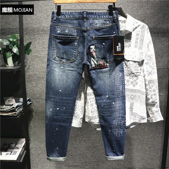 Himan heavy wash jeans ຜູ້ຊາຍຂອງເອີຣົບແລະອາເມລິກາຍີ່ຫໍ້ trendy cashew patch patch ຫມຶກ splashed pants ໃນພາກຮຽນ spring ແລະດູໃບໄມ້ລົ່ນ