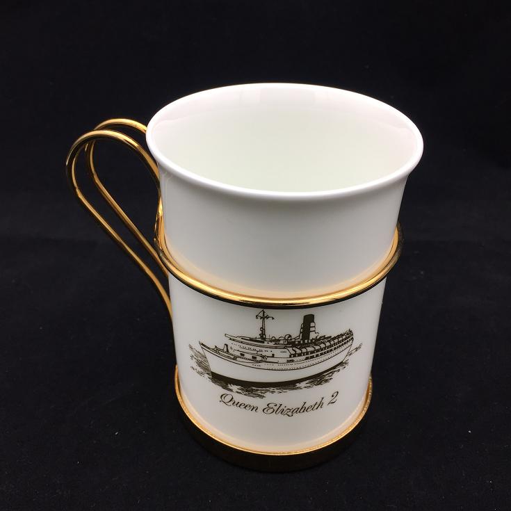 西洋古董英国瓷器伊丽莎白女王二世号游轮限量版骨瓷马克杯400ml