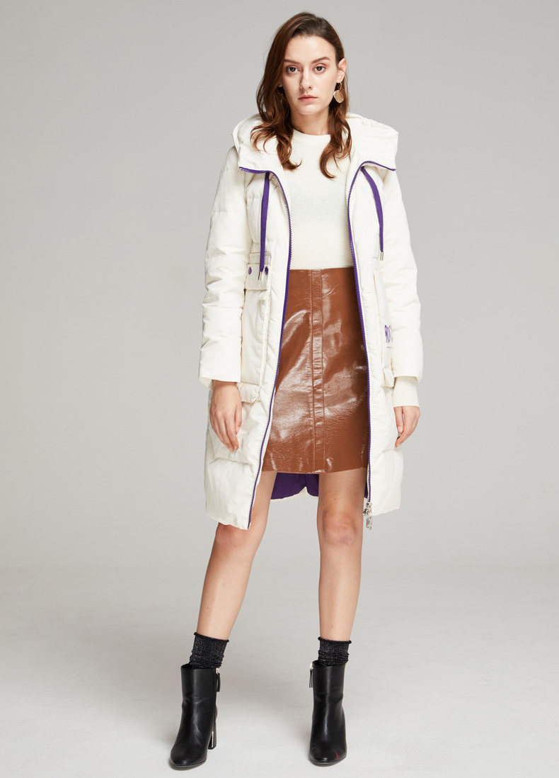 雪歌2018冬装中长款宽松白鸭绒保暖白色羽绒服女加厚连帽外套_xg服饰