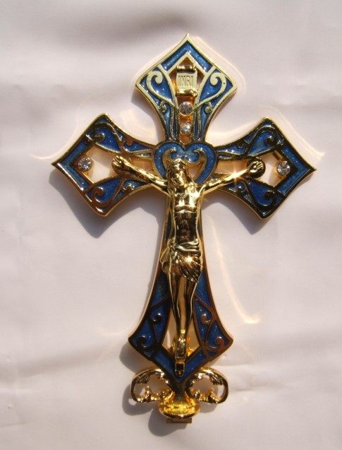 外贸镀金镶钻蓝底珐琅色圣心爱火十字架摆件