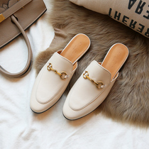 High quality leather cream white Baotou horse collar buckle Muller shoes flat half slippers women wear British style