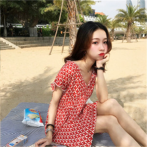 pphome韩版文艺少女心超仙女温柔显瘦复古极简冷淡风沙滩连衣裙夏