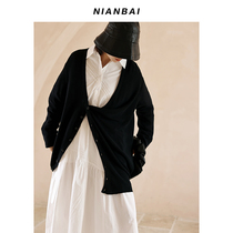 NIANBAI chant white 2021AW irregular niche design black cotton knit cardigans jacket NW3704