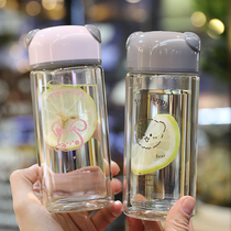 Korean double glass water cup female Net red cute girl heart student male transparent heat insulation anti-hot hand portable cup