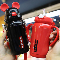 Childrens insulated water cup creative primary school net red portable baby thermos cup with straw dual-use cup with handle