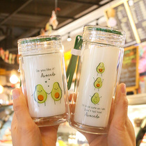 Double Layer avocado glass insulation anti-hot cute girl student portable with rope creative fresh water Cup