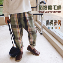 Plaid soft cotton cotton boy) girls loose out trousers polished cotton straight pants pocket