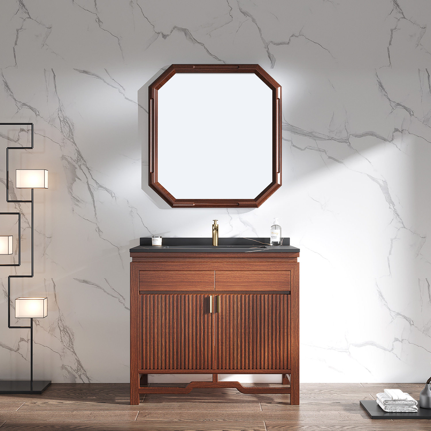 现代新中式浴室柜岩板一体盆洗手台洗脸盆卫生间实木洗漱台卫浴柜