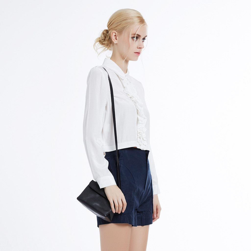 naivee/纳薇2017春季专柜新品荷叶边装饰短上衣衬衫女161343973