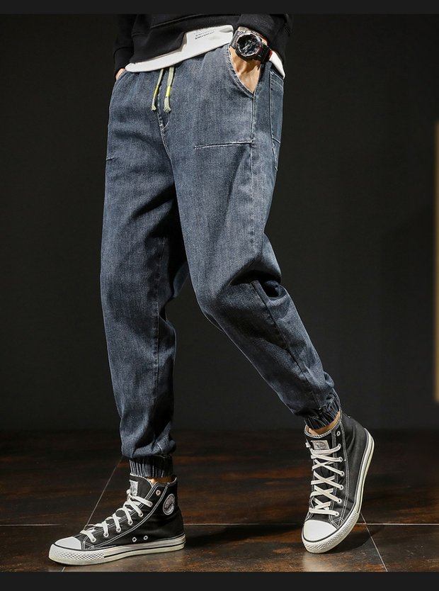 春季六兜牛仔裤男士休闲宽松老爹裤潮流百搭小脚弹力大裆哈伦长裤