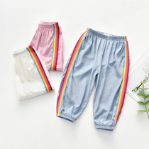 Children Anti-mosquito Pants Casual Pure Cotton Girl 2020 New Summer Clothing Foreign Air Light Cage Pants Baby Rainbow Bars
