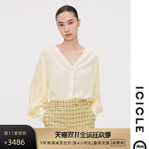 (heavy silk) icle women's construction macro pleated V-neck design fashion sleeve shirt women