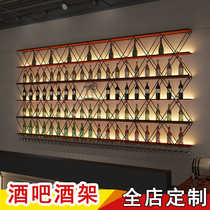 Bar bar wine cabinet wall hanging solid wood creative restaurant wall hanging wine rack Wrought iron wall wine rack storage rack customization