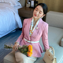 Pink green fruit collar suit jacket women 2021 spring dress waist thin host dress woman
